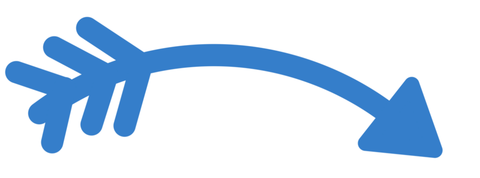 Hand drawn curved blue arrow pointing down right with sketch lines