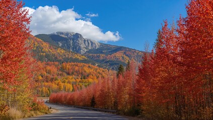 Obraz premium Logan Pass Highway lined with autumn-colored maple trees, showcasing seasonal change