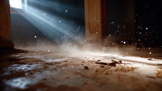 Sunbeams stream through the window, illuminating the dusty floor and the particles in the air. An atmosphere of silence, time, and abandonment.