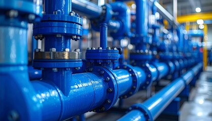 Close-up of industrial, blue pipes, flanges, and valves in a modern factory setting
