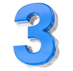 Shiny blue plastic and polished metallic number three  3  isolated on a clean white background, 3D rendering illustration