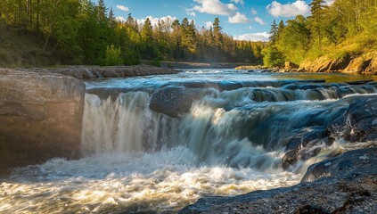 Broad and Short Waterfall with Flowing Water