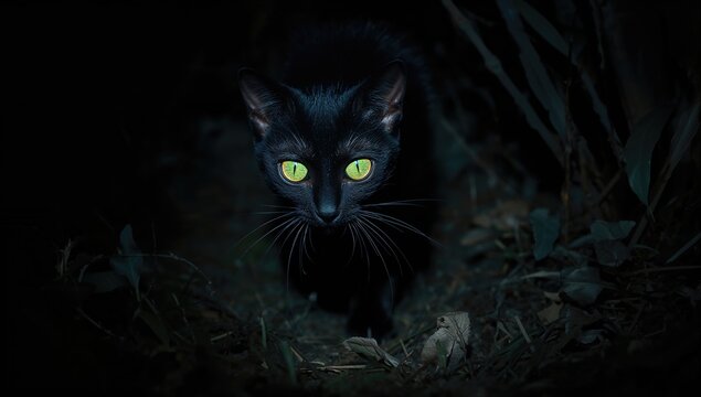 Dark feline with glowing eyes prowls silently. Predator. Spooky season. Gazing at the lens.