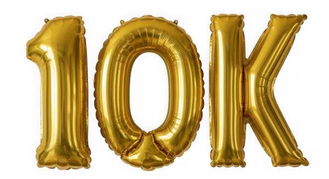 Golden foil 10k balloon representing ten thousand achievement
