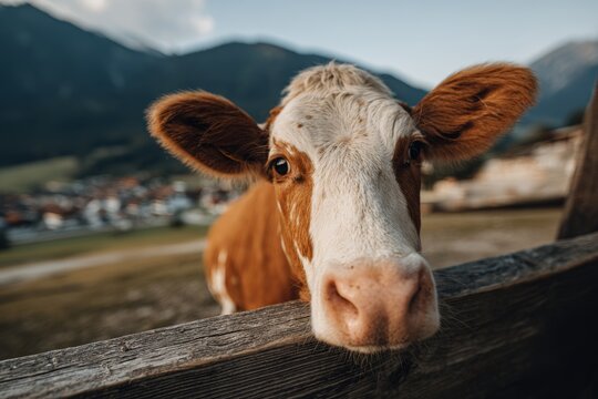 A curious Simmental cow protruding above the enclosure into a lush green pasture landscape.