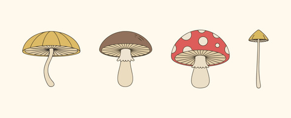 Retro-style vector illustration set of various colorful wild mushrooms on a light background, symbolizing nature, forest, foraging, and botanical themes.