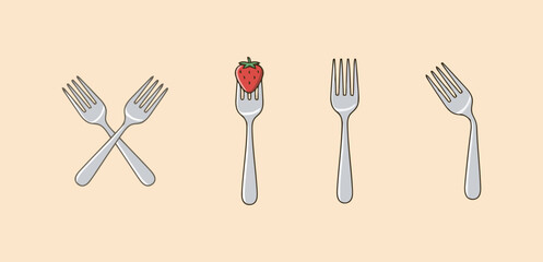 Minimalist vector illustration set of stainless steel forks in different positions, including one with a strawberry, representing dining, kitchen, and eating concepts.