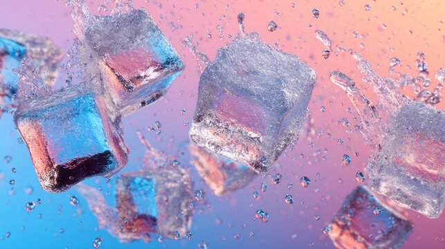 Dynamic shattering ice cubes in motion with splashing water droplets against a clean gradient background creating a fresh cool beverage concept and energetic frozen liquid impact scene - Powered by Adobe