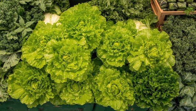 A variety of green leafy vegetables including lettuce displayed at the fresh produce section in a grocery store