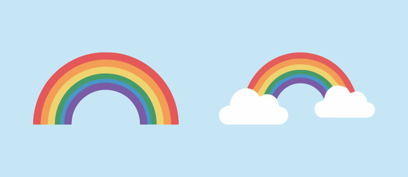 Simple and colorful vector illustration set of rainbows and clouds on a blue background, symbolizing hope, diversity, weather, and cheerful natural phenomena.