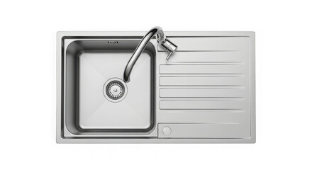 Modern stainless steel kitchen sink with faucet and draining board.