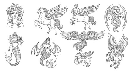 Fototapeta premium Collection of mythical creatures including mermaids pegasus dragon phoenix and other winged beings