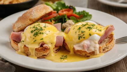 Eggs Benedict featuring toasted English muffins, ham, and poached eggs with rich hollandaise sauce, a protein-rich breakfast choice