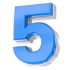 Glossy blue and metallic silver 3D number five rendering, isolated display element representing score, ranking, or anniversary.