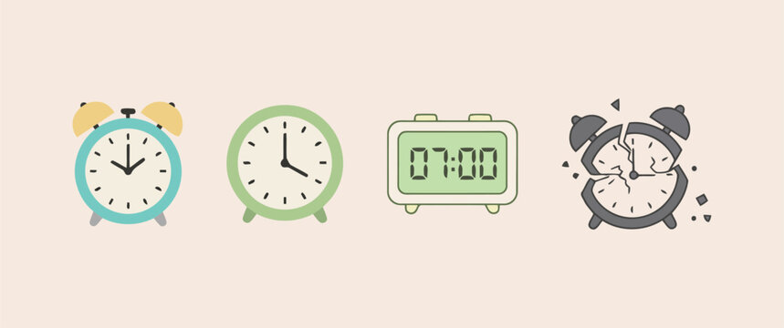 Vector icon set of various alarm clocks, including analog, digital, and a broken clock, representing time management, waking up, and schedule concepts.