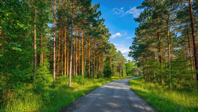 Sunny summer day in a dense pine woodland along a forest path
