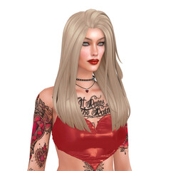 Beautiful young blond woman with tattoos wearing a sexy red top and long blond hair, isolated portrait illustration