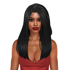 Beautiful young woman with dark skin and gothic hair wearing a sexy red dress, isolated portrait illustration