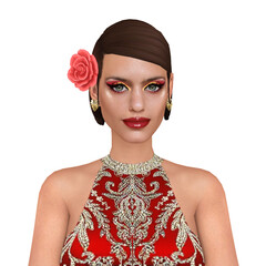 Beautiful young woman with short brown bob hair wearing a sexy red party dress and a flower in her hair, isolated portrait illustration