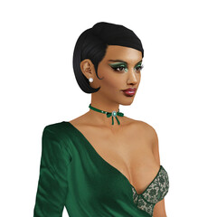 Beautiful young woman with short bob hair wearing a sexy green dress, isolated portrait illustration