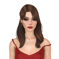 Beautiful young tired-looking woman in a sexy red dress with long brown hair, isolated portrait illustration
