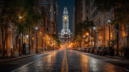 Fototapeta premium Philadelphia City Hall at Night on Cobblestone Broad Street, Historic Downtown Architecture