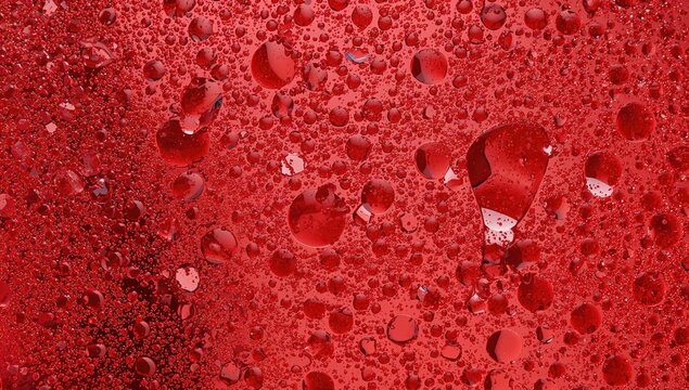 Close-up of red liquid bubbles under a microscope, textured blood-like appearance - Powered by Adobe