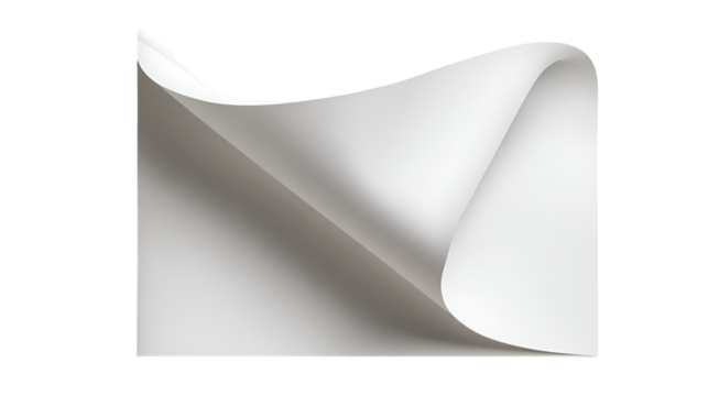 A white sheet of paper with a curved corner isolated on transparent background