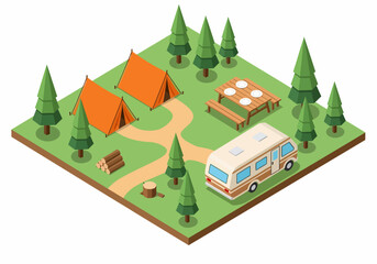 A stylized isometric vector illustration captures a clean, organized campground with an RV, orange tents, and a picnic table set among tranquil pine trees