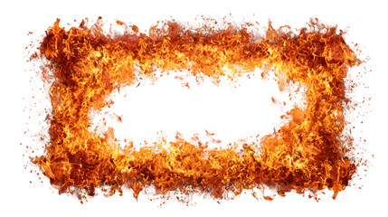 Fiery rectangular frame with glowing orange and yellow flames isolated on transparent background