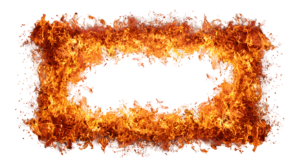 Fiery rectangular frame with glowing orange and yellow flames isolated on transparent background