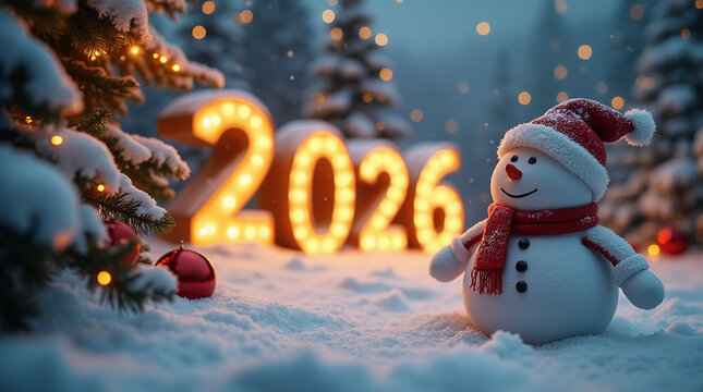A cheerful snowman with a red scarf and Santa hat standing in a snowy landscape, surrounded by Christmas decorations, pine trees, and glowing lights.