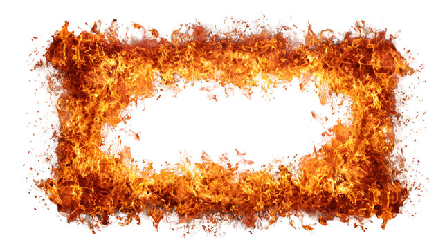 Fiery rectangular frame with glowing orange and yellow flames isolated on transparent background