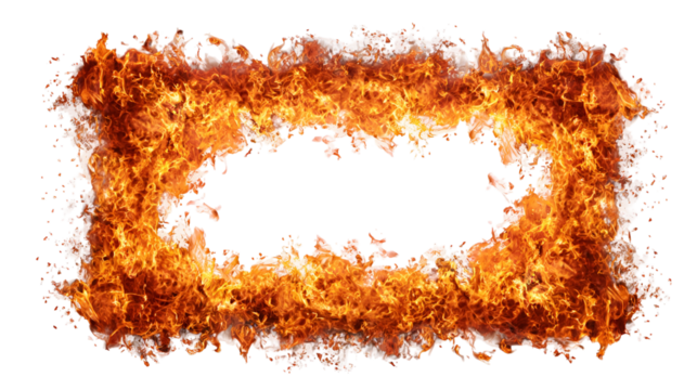 Fiery rectangular frame with glowing orange and yellow flames isolated on transparent background