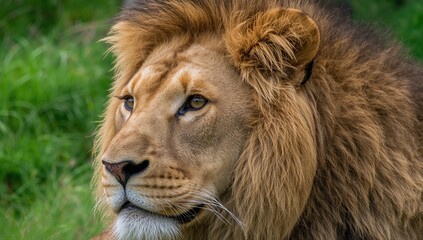 Fototapeta premium Closeup of a robust male lion resting in a forest, showcasing its muscular build and vibrant natural surroundings