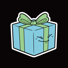 Winking Blue Gift Box with Green Ribbon Cartoon Character Sticker: Secretive Present Mascot for Surprise, Celebration, and Special Occasions
