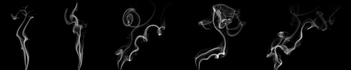 Set of white smoke trails rising on black background, abstract vapor shapes creating artistic and mystical patterns. Perfect for design overlay, background, or creative visual effects.