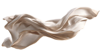 Flowing light beige silk fabric gracefully draped and fluttering in the air isolated on transparent background