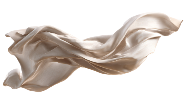 Flowing light beige silk fabric gracefully draped and fluttering in the air isolated on transparent background