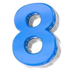 Blue Glossy 3D Number Eight with Silver Trim, High-Quality Render Isolated on a White Background.