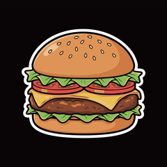 Classic Double Cheeseburger with Sesame Seed Bun and Fresh Vegetables Cartoon Sticker: Delicious Fast Food Icon for Lunch and Dinner
