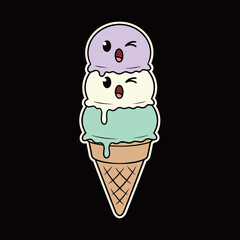 Triple Scoop Ice Cream Cone Winking Cartoon Character Sticker: Playful Dessert Mascot for Summer, Sweets, and Cold Treats