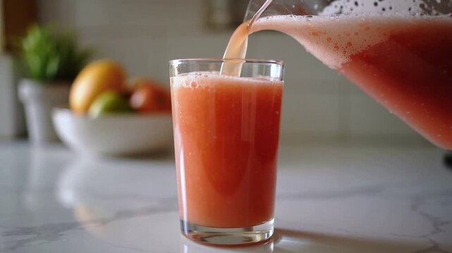 Close up of fresh grapefruit juice being poured into glass healthy morning routine and wellness concept