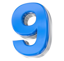 Shiny blue volumetric number nine 3D rendering with metallic silver frame isolated on a pure white background.