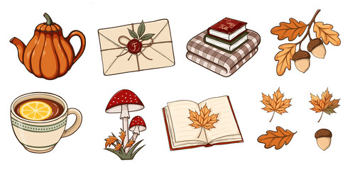 Cozy fall clipart set with books, tea, mushrooms, acorns and autumn leaves. Autumn illustration for invitations, stickers, planners, and seasonal prints on transparent background