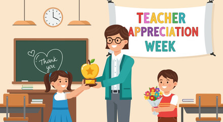 Teacher Appreciation Week Students Gift Teacher with Apple Award and Flowers in Classroom