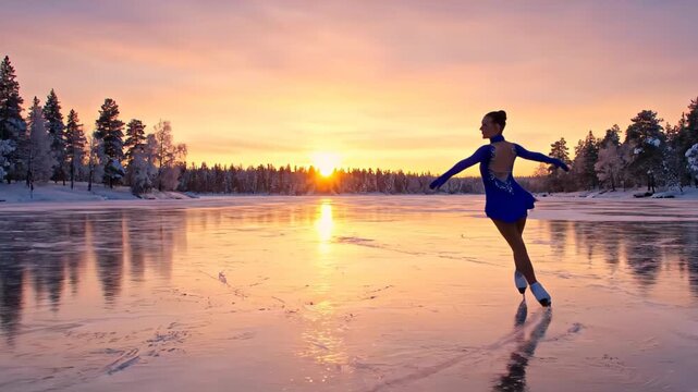 Young woman in a blue dress figure skating on a frozen lake. The beautiful winter landscape is illuminated by the warm light of the setting sun
