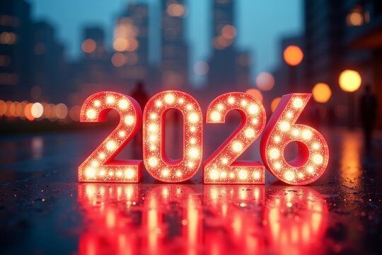 A glowing "2026" sign with warm, sparkling lights stands on a wet city street at night, reflecting vibrant red hues in the rain-slicked pavementsymbolizing new beginnings and urban energy ahead of 202