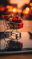 A miniature shopping cart filled with gift boxes on a reflective surface