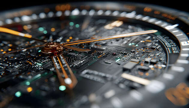 Photo shows the concept of time in the digital age. Tech clock face with circuit board details represents modern tech. Image presents time tech data flow and future concepts.